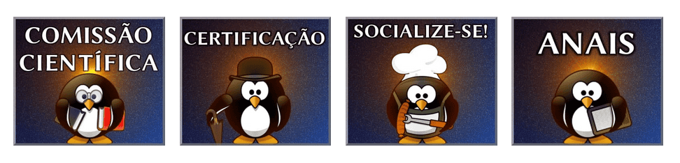 Acesso a: Comissão Científica, Certificados, Bloco Socialize-se e Anais, cada um representado por um botão com um pinguim estilizado.