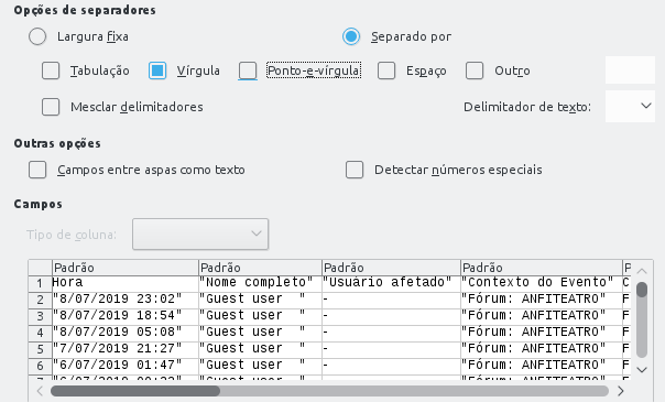 mudando para vírgula o separador para abrir o csv no Calc