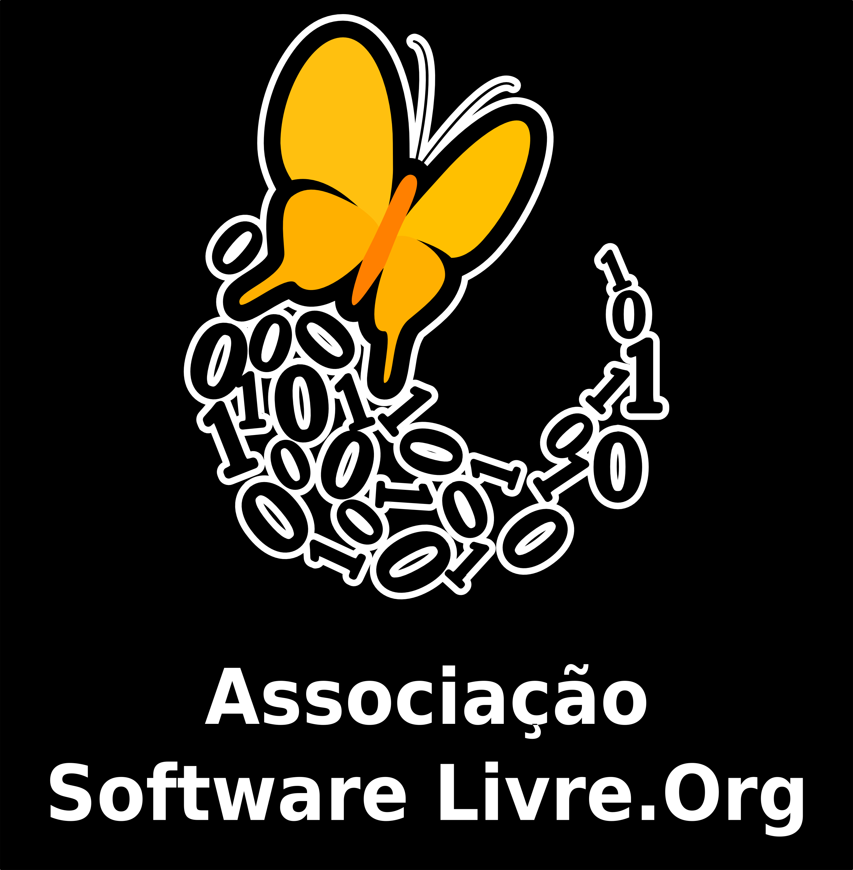Logo da ASL - Associação softwarelivre.org formado de borboleta laranja sobre fundo preto